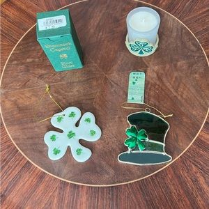 St Patrick’s Day Decor Lot Shamrock Crystal Shot Glass Stained Glass and More